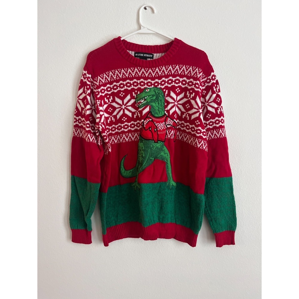 99 Jane Street Sweater Unisex Small Red Ugly Print Cotton Tight Knit Christmas